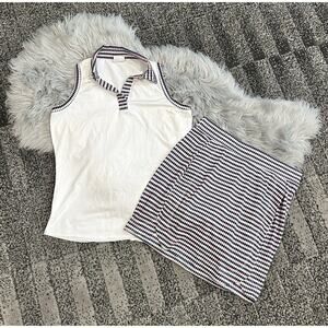 Ladies BELYN KEY Ink Navy Petal Pink Diamond Stripe Golf Shirt & Skort Set sz XS